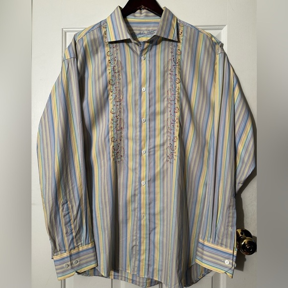 BUGATCHI UOMO XL Pastel Stripe Decorative Vertical Embroidery Spread Collar NICE - Picture 1 of 15
